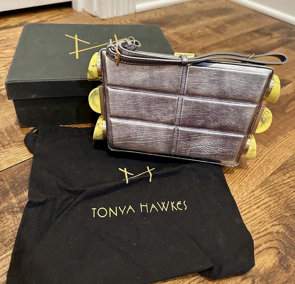 Tonya Hawkes Pewter/Gunmetal Convertible Clutch with yellow Marble Studs